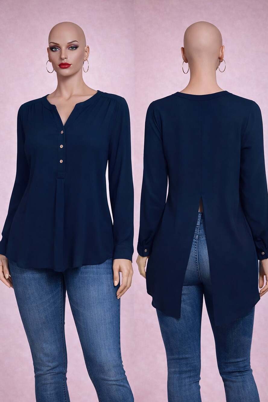 Ashley Stewart Navy Split Back Blouse Size 12 Button Front Long Sleeve - Picture 1 of 8